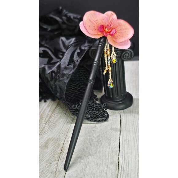 Unique Handmade Glass Beaded & Polymer Clay Asian Inspired Pink Orchid Hair Stic - Picture 1 of 7